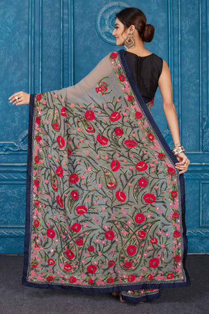 Shop dark grey Phulkari embroidery Kota saree online in USA. Look your best on festive occasions in latest designer sarees, pure silk saris, Kanchipuram silk sarees, handwoven sarees, tussar silk sarees, embroidered saris from Pure Elegance Indian clothing store in USA.-back