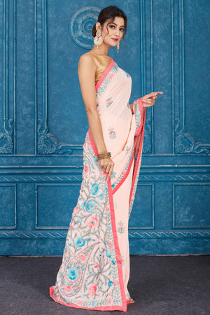 Shop powder pink Phulkari embroidery Kota saree online in USA. Look your best on festive occasions in latest designer sarees, pure silk saris, Kanchipuram silk sarees, handwoven sarees, tussar silk sarees, embroidered saris from Pure Elegance Indian clothing store in USA.-side