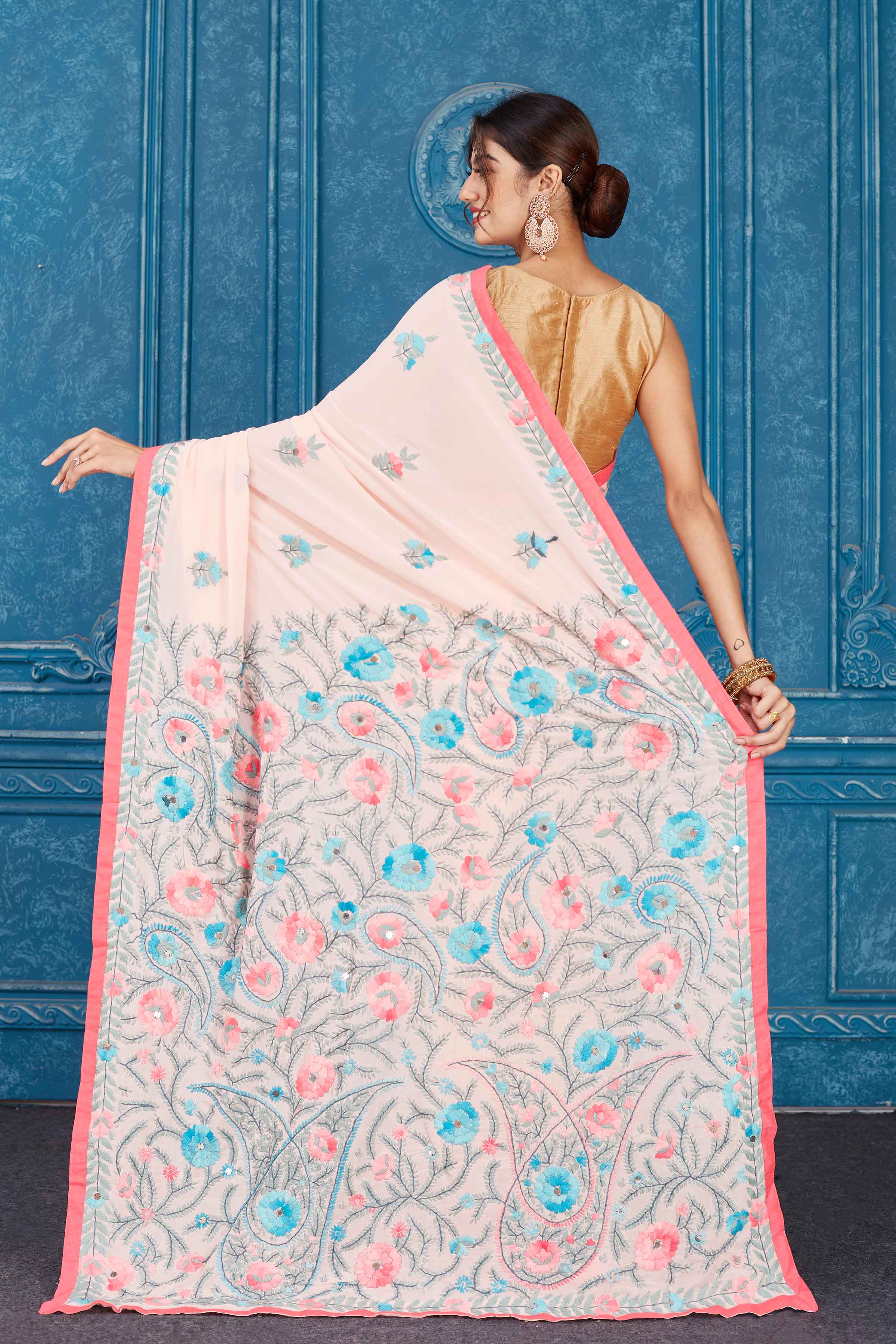 Shop powder pink Phulkari embroidery Kota saree online in USA. Look your best on festive occasions in latest designer sarees, pure silk saris, Kanchipuram silk sarees, handwoven sarees, tussar silk sarees, embroidered saris from Pure Elegance Indian clothing store in USA.-back