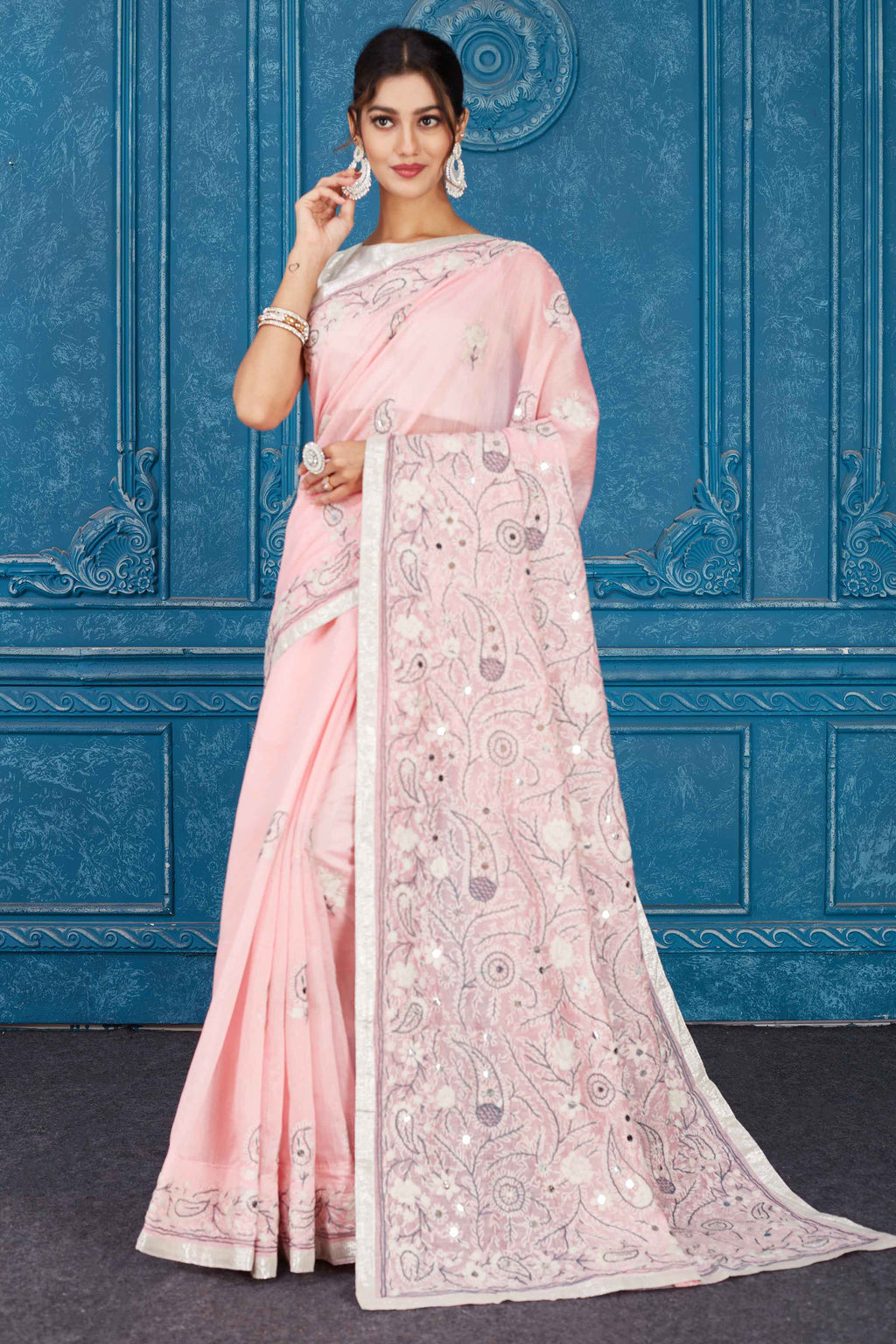 Buy beautiful powder pink Phulkari embroidery Kota saree online in USA. Look your best on festive occasions in latest designer sarees, pure silk saris, Kanchipuram silk sarees, handwoven sarees, tussar silk sarees, embroidered saris from Pure Elegance Indian clothing store in USA.-full view