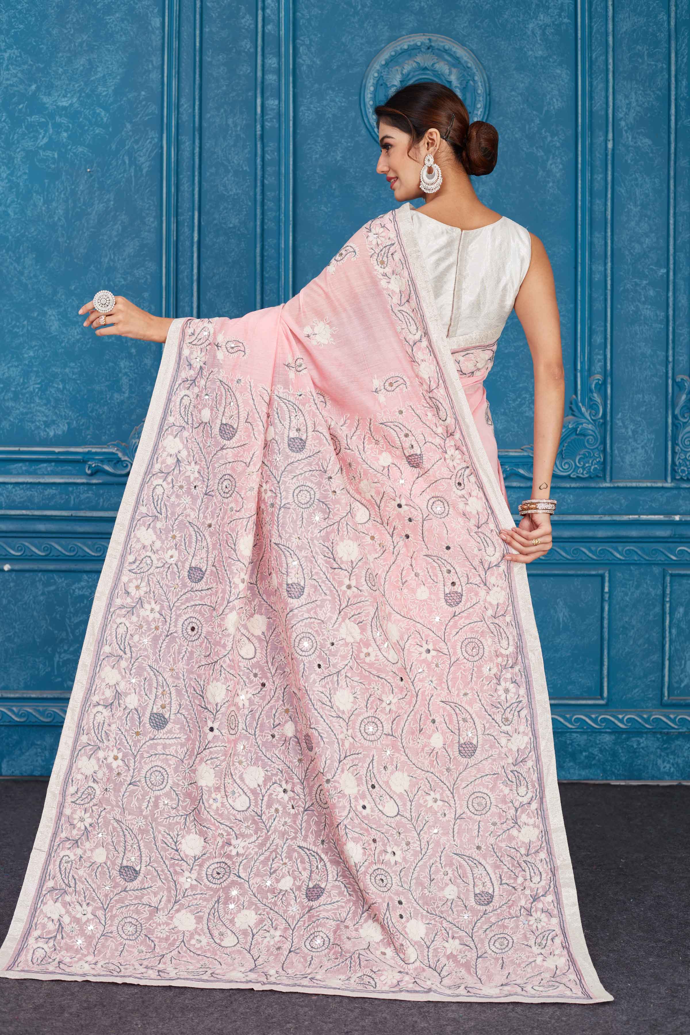 Buy beautiful powder pink Phulkari embroidery Kota saree online in USA. Look your best on festive occasions in latest designer sarees, pure silk saris, Kanchipuram silk sarees, handwoven sarees, tussar silk sarees, embroidered saris from Pure Elegance Indian clothing store in USA.-back