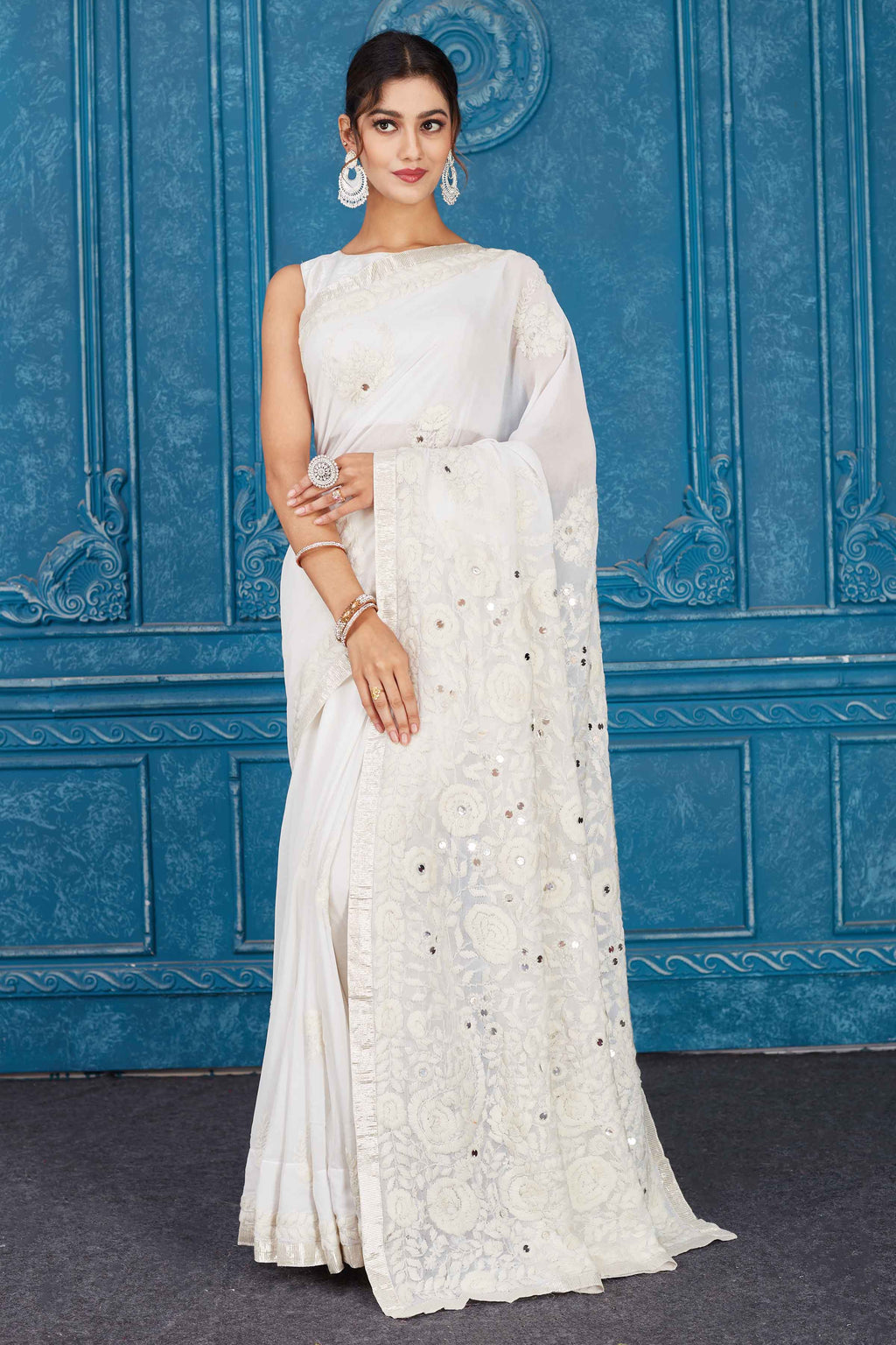 Shop beautiful white Phulkari embroidery Kota sari online in USA. Look your best on festive occasions in latest designer sarees, pure silk saris, Kanchipuram silk sarees, handwoven sarees, tussar silk sarees, embroidered saris from Pure Elegance Indian clothing store in USA.-full view