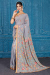 Buy beautiful grey Phulkari embroidery Kota saree online in USA with golden border. Look your best on festive occasions in latest designer sarees, pure silk saris, Kanchipuram silk sarees, handwoven sarees, tussar silk sarees, embroidered saris from Pure Elegance Indian clothing store in USA.-full view