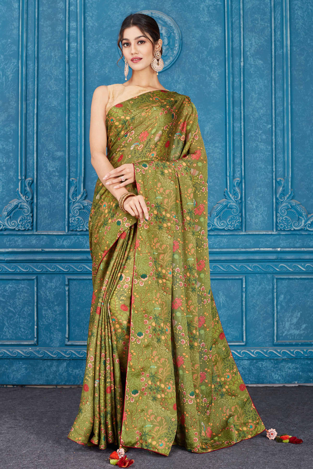 Buy olive green printed crepe chiffon sari online in USA. Look your best on festive occasions in latest designer sarees, pure silk saris, Kanchipuram silk sarees, handwoven sarees, tussar silk sarees, embroidered saris from Pure Elegance Indian clothing store in USA.-full view
