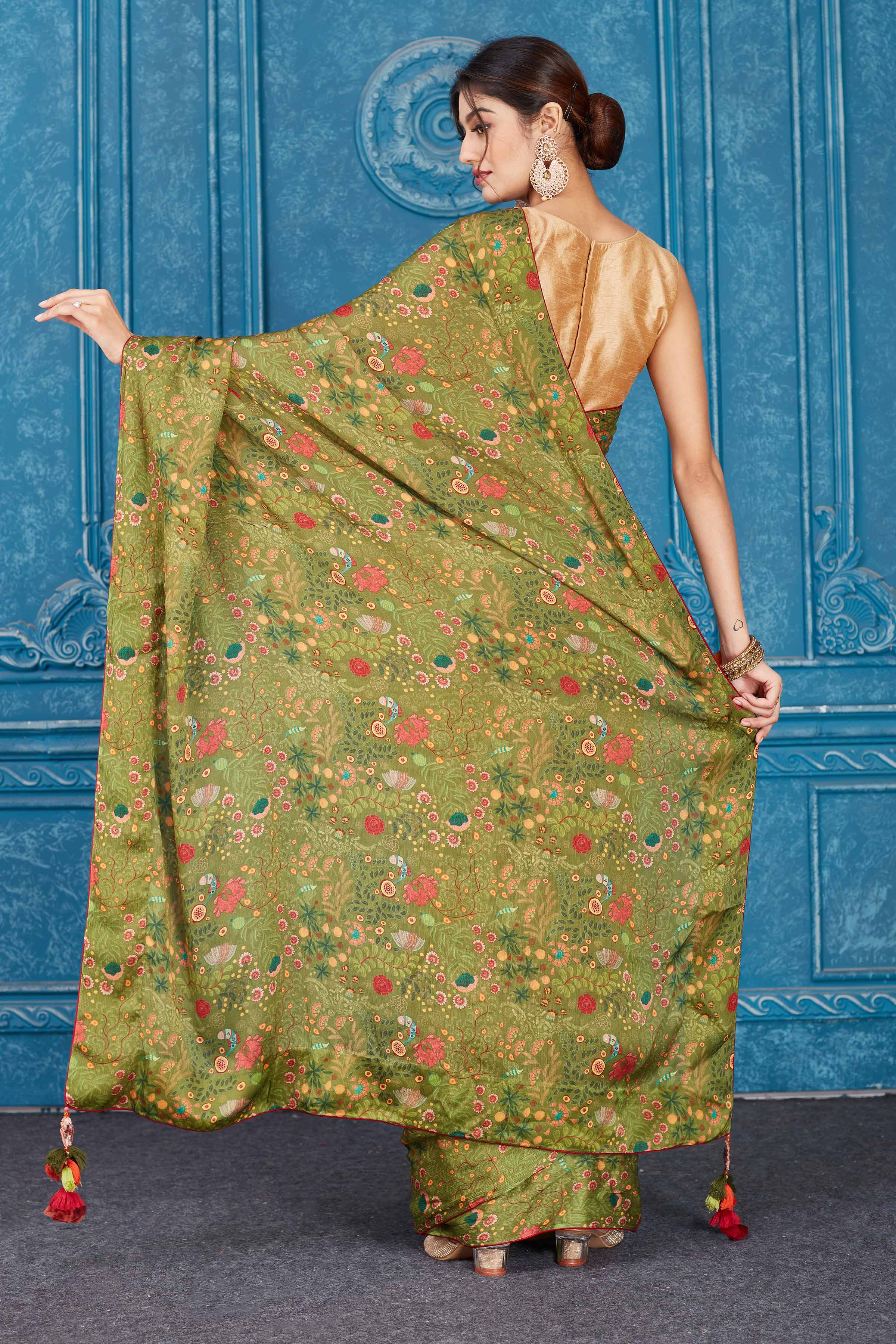 Buy olive green printed crepe chiffon sari online in USA. Look your best on festive occasions in latest designer sarees, pure silk saris, Kanchipuram silk sarees, handwoven sarees, tussar silk sarees, embroidered saris from Pure Elegance Indian clothing store in USA.-back