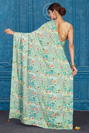 Shop mint green printed crepe chiffon sari online in USA. Look your best on festive occasions in latest designer sarees, pure silk saris, Kanchipuram silk sarees, handwoven sarees, tussar silk sarees, embroidered sarees from Pure Elegance Indian clothing store in USA.-back