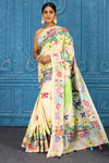 Shop cream tussar silk sari online in USA with floral Kantha embroidery. Look your best on festive occasions in latest designer sarees, pure silk sarees, Kanchipuram sarees, handwoven sarees, tussar silk sarees, embroidered sarees from Pure Elegance Indian clothing store in USA.-full view