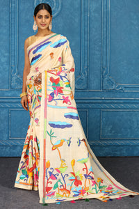 Buy cream tussar silk sari online in USA with multicolor Kantha embroidery. Look your best on festive occasions in latest designer sarees, pure silk sarees, Kanchipuram sarees, handwoven sarees, tussar silk sarees, embroidered sarees from Pure Elegance Indian clothing store in USA.-full view