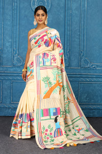 Buy cream tussar silk saree online in USA with multicolor Kantha work. Look your best on festive occasions in latest designer sarees, pure silk sarees, Kanchipuram sarees, handwoven sarees, tussar silk sarees, embroidered sarees from Pure Elegance Indian clothing store in USA.-full view