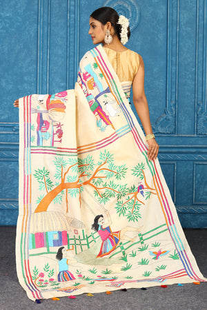 Buy cream tussar silk saree online in USA with multicolor Kantha work. Look your best on festive occasions in latest designer sarees, pure silk sarees, Kanchipuram sarees, handwoven sarees, tussar silk sarees, embroidered sarees from Pure Elegance Indian clothing store in USA.-back