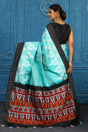 Buy sky blue pochampally silk ikkat sari online in USA with black border. Look your best on festive occasions in latest designer sarees, pure silk sarees, Kanchipuram sarees, handwoven sarees, tussar silk sarees, embroidered sarees from Pure Elegance Indian clothing store in USA.-back