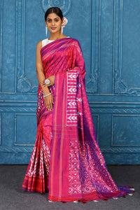 Shop beautiful pink pochampally silk ikkat saree online in USA. Look your best on festive occasions in latest designer sarees, pure silk sarees, Kanchipuram sarees, handwoven sarees, tussar silk sarees, embroidered sarees from Pure Elegance Indian clothing store in USA.-full view
