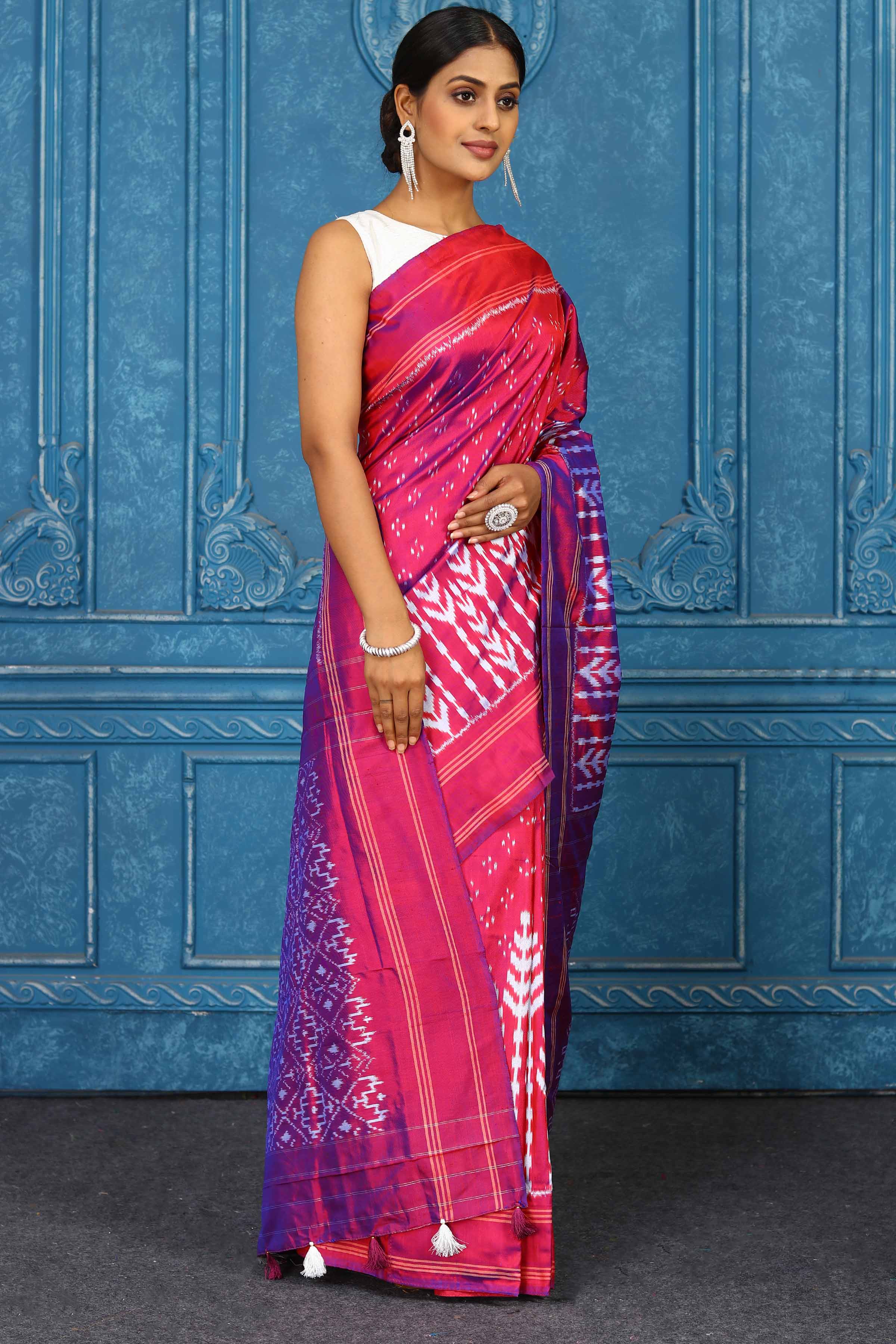 Shop beautiful pink pochampally silk ikkat saree online in USA. Look your best on festive occasions in latest designer sarees, pure silk sarees, Kanchipuram sarees, handwoven sarees, tussar silk sarees, embroidered sarees from Pure Elegance Indian clothing store in USA.-side