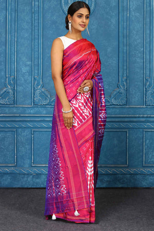 Shop beautiful pink pochampally silk ikkat saree online in USA. Look your best on festive occasions in latest designer sarees, pure silk sarees, Kanchipuram sarees, handwoven sarees, tussar silk sarees, embroidered sarees from Pure Elegance Indian clothing store in USA.-side