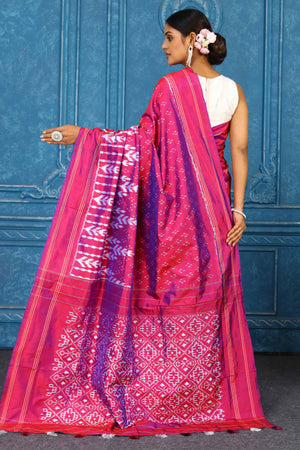 Shop beautiful pink pochampally silk ikkat saree online in USA. Look your best on festive occasions in latest designer sarees, pure silk sarees, Kanchipuram sarees, handwoven sarees, tussar silk sarees, embroidered sarees from Pure Elegance Indian clothing store in USA.-back