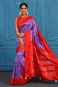 Buy purple pochampally silk ikkat saree online in USA with red border. Look your best on festive occasions in latest designer sarees, pure silk sarees, Kanchipuram sarees, handwoven sarees, tussar silk sarees, embroidered sarees from Pure Elegance Indian clothing store in USA.-full view