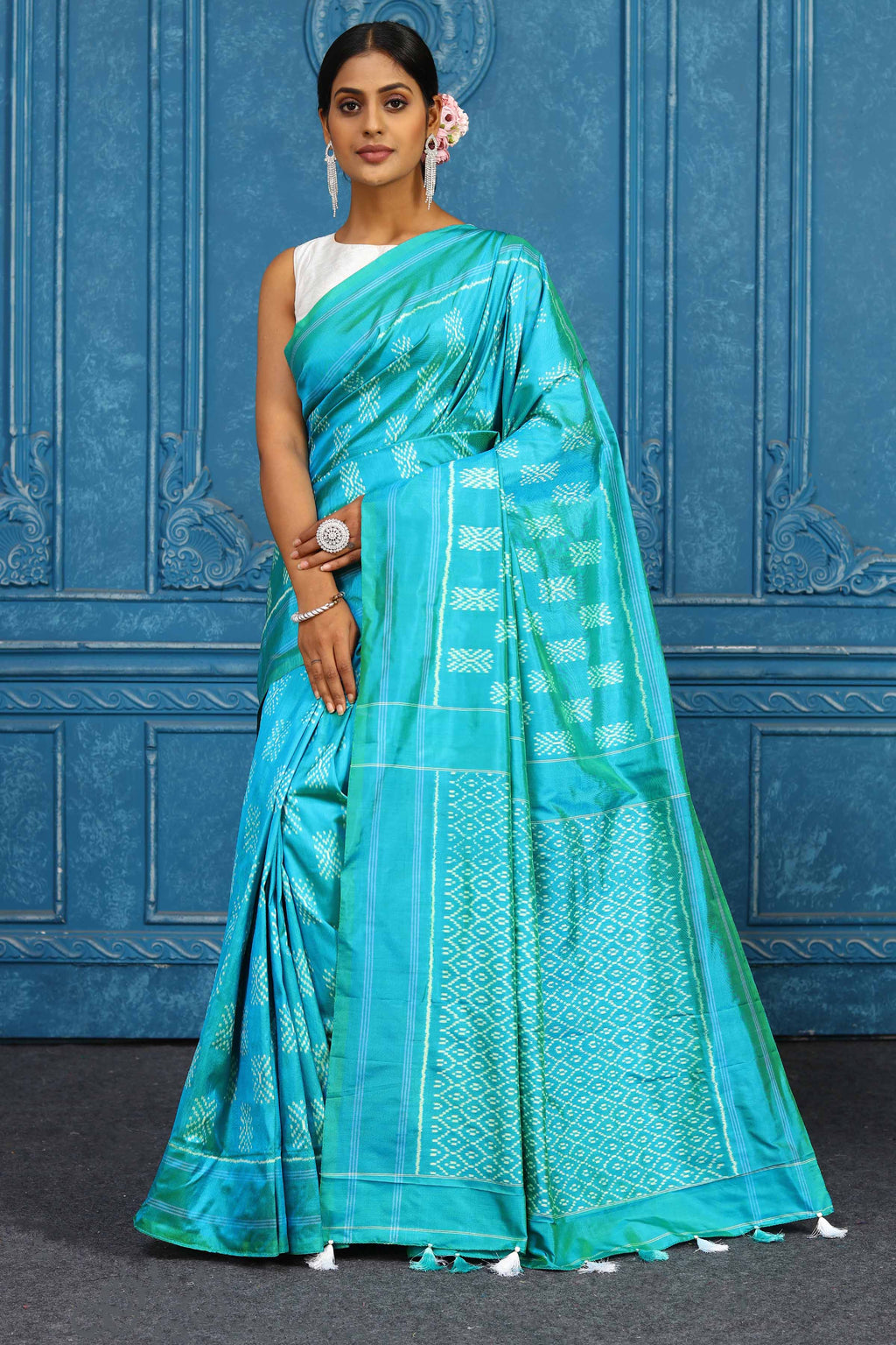 Buy stunning blue pochampally silk ikkat saree online in USA. Look your best on festive occasions in latest designer sarees, pure silk sarees, Kanchipuram sarees, handwoven sarees, tussar silk sarees, embroidered sarees from Pure Elegance Indian clothing store in USA.-full view