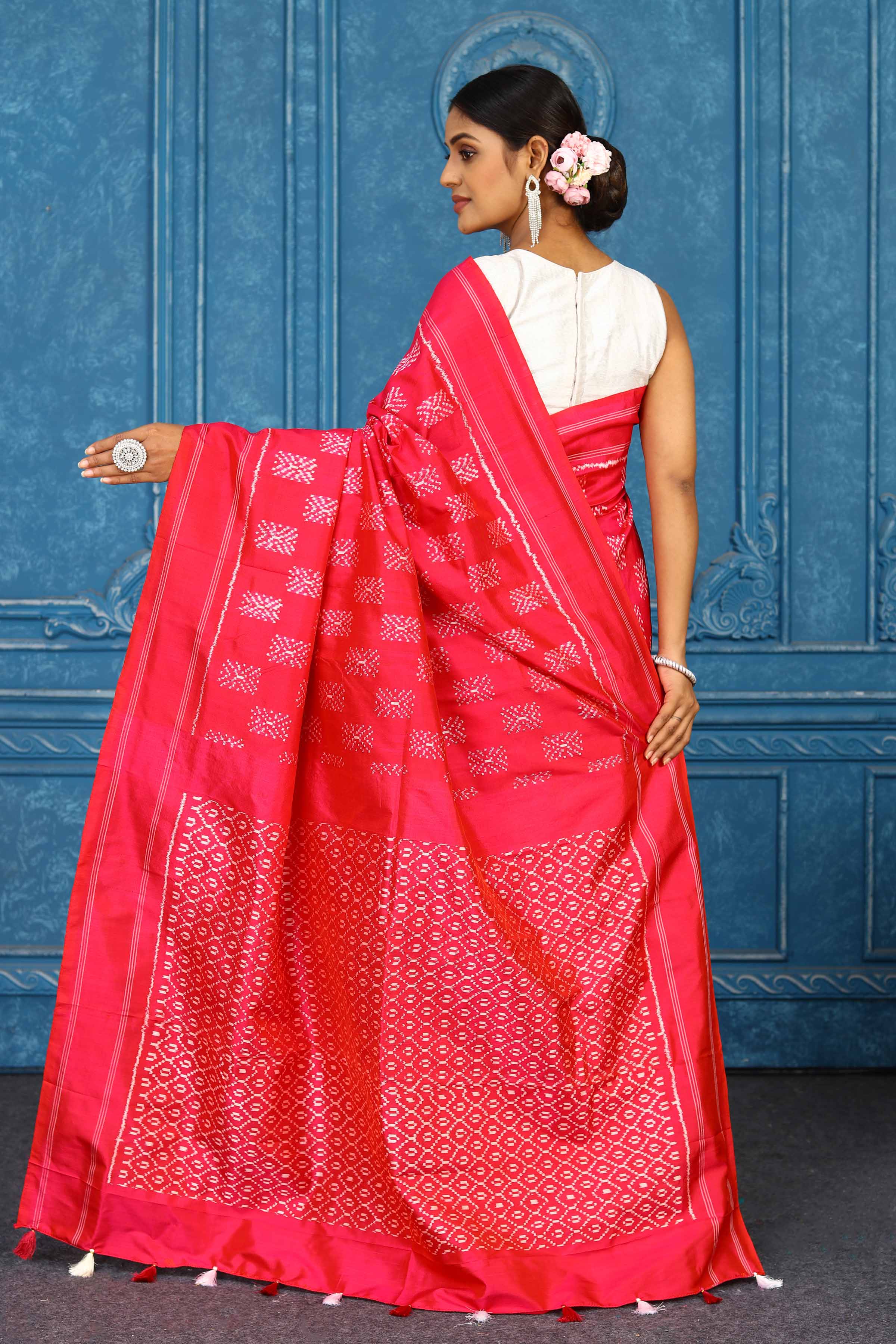Shop red pochampally silk ikkat saree online in USA. Look your best on festive occasions in latest designer sarees, pure silk sarees, Kanchipuram sarees, handwoven sarees, tussar silk sarees, embroidered sarees from Pure Elegance Indian clothing store in USA.-back