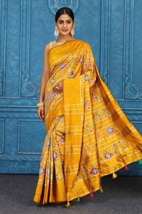 Shop stunning mustard pochampally ikkat sari online in USA. Look your best on festive occasions in latest designer sarees, pure silk sarees, Kanchipuram sarees, handwoven sarees, tussar silk sarees, embroidered sarees from Pure Elegance Indian clothing store in USA.-full view