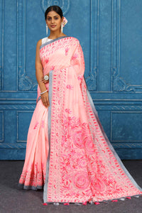 Shop stunning pink phulkari embroidery sari online in USA. Look your best on festive occasions in latest designer sarees, pure silk sarees, Kanchipuram sarees, handwoven sarees, tussar silk sarees, embroidered sarees from Pure Elegance Indian clothing store in USA.-full view
