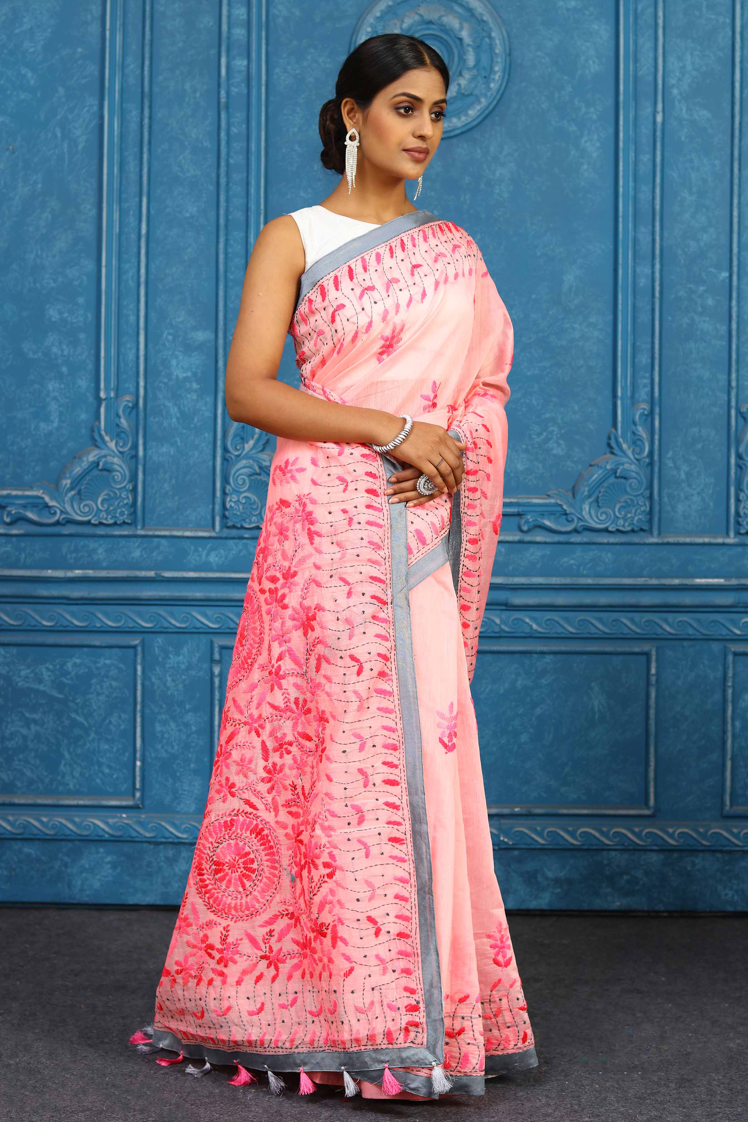 Shop stunning pink phulkari embroidery sari online in USA. Look your best on festive occasions in latest designer sarees, pure silk sarees, Kanchipuram sarees, handwoven sarees, tussar silk sarees, embroidered sarees from Pure Elegance Indian clothing store in USA.-side