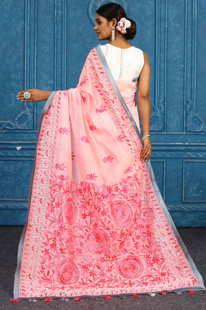 Shop stunning pink phulkari embroidery sari online in USA. Look your best on festive occasions in latest designer sarees, pure silk sarees, Kanchipuram sarees, handwoven sarees, tussar silk sarees, embroidered sarees from Pure Elegance Indian clothing store in USA.-back