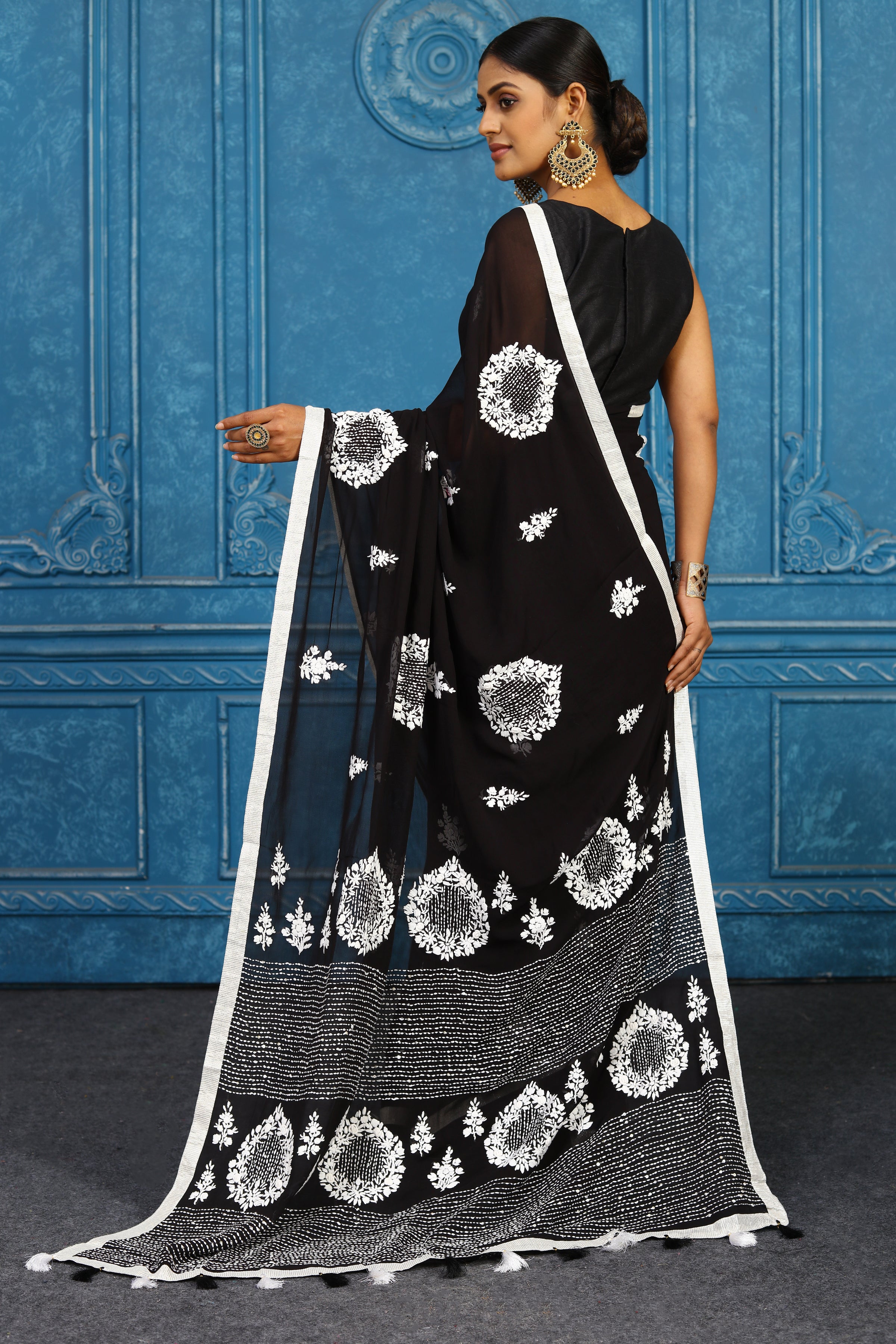 Shop black and white phulkari embroidery sari online in USA. Look your best on festive occasions in latest designer sarees, pure silk sarees, Kanchipuram sarees, handwoven sarees, tussar silk sarees, embroidered sarees from Pure Elegance Indian clothing store in USA.-back