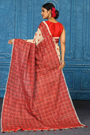 Shop stunning cream phulkari embroidery sari online in USA. Look your best on festive occasions in latest designer sarees, pure silk sarees, Kanchipuram sarees, handwoven sarees, tussar silk sarees, embroidered sarees from Pure Elegance Indian clothing store in USA.-back