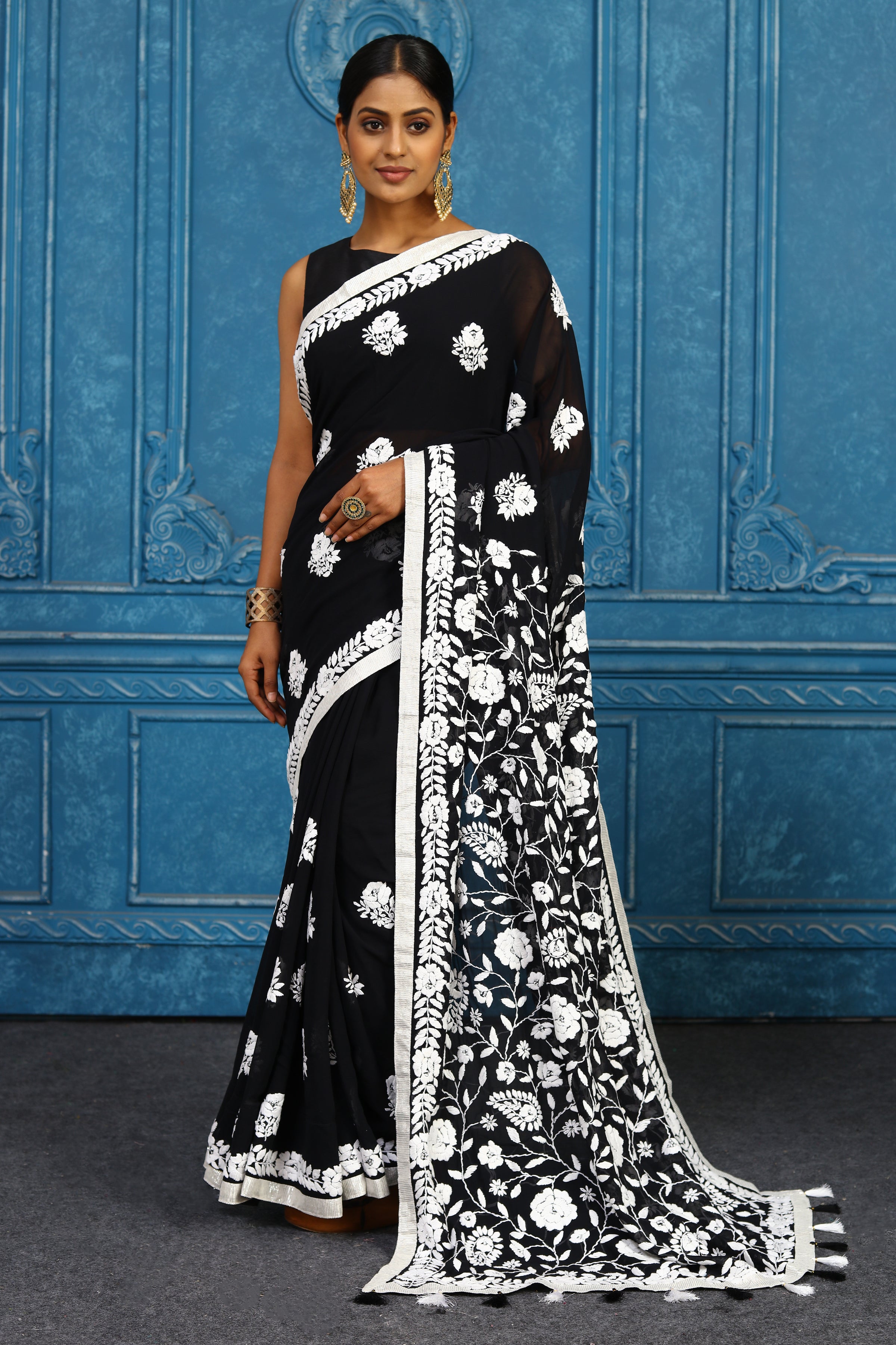 Shop stunning black phulkari embroidery saree online in USA. Look your best on festive occasions in latest designer sarees, pure silk sarees, Kanchipuram sarees, handwoven sarees, tussar silk sarees, embroidered sarees from Pure Elegance Indian clothing store in USA.-full view