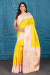 Shop yellow and powder pink Kanchipuram silk saree online in USA. Level up your ethnic style in latest designer saris, pure silk saris, Kanchipuram silk saris, handwoven sarees, tussar silk sarees, embroidered saris from Pure Elegance Indian clothing store in USA.-full view