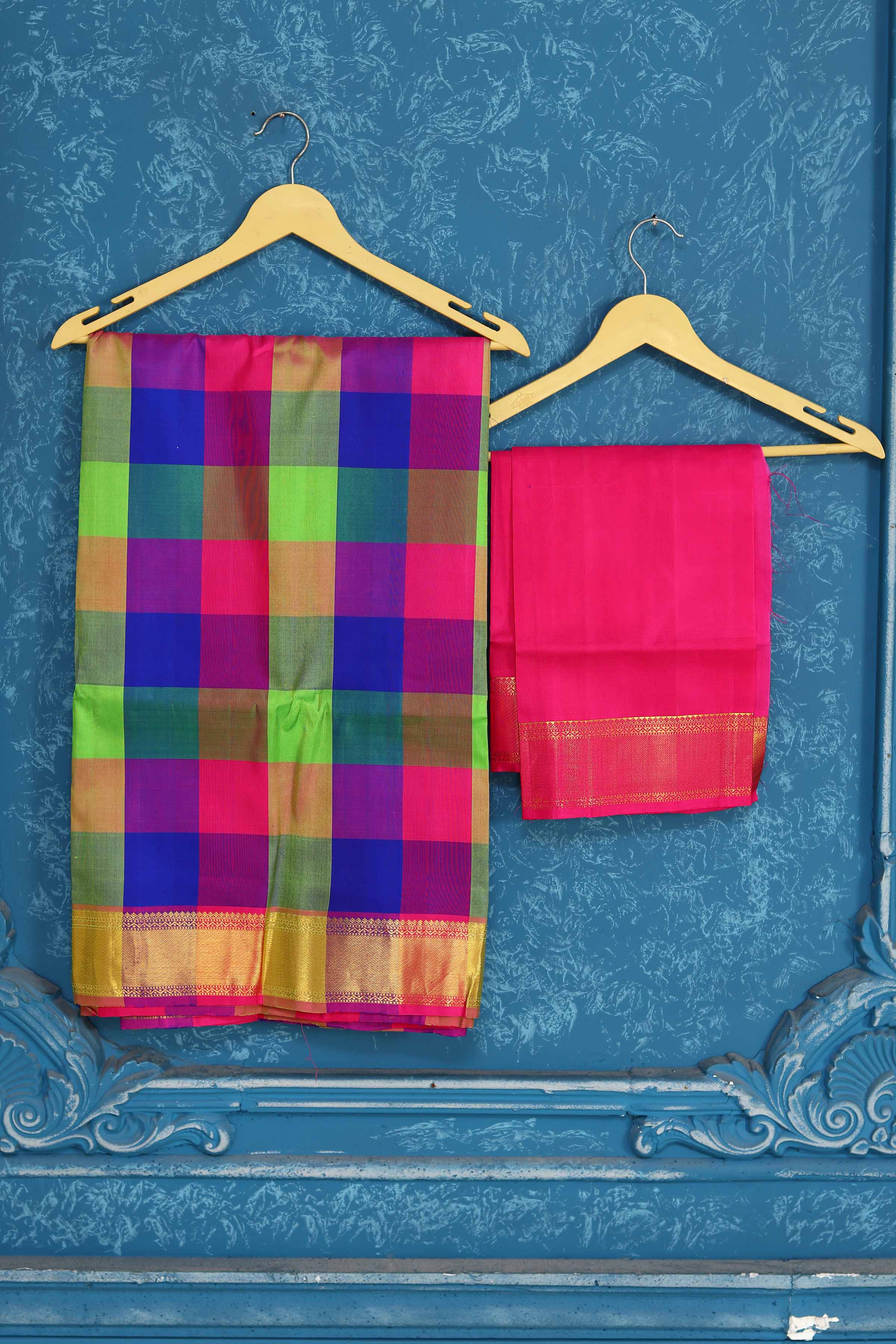 Shop beautiful multicolor check Kanjivaram silk saree online in USA with zari pallu. Level up your ethnic style in latest designer saris, pure silk saris, Kanchipuram silk saris, handwoven sarees, tussar silk sarees, embroidered saris from Pure Elegance Indian clothing store in USA.-closeup