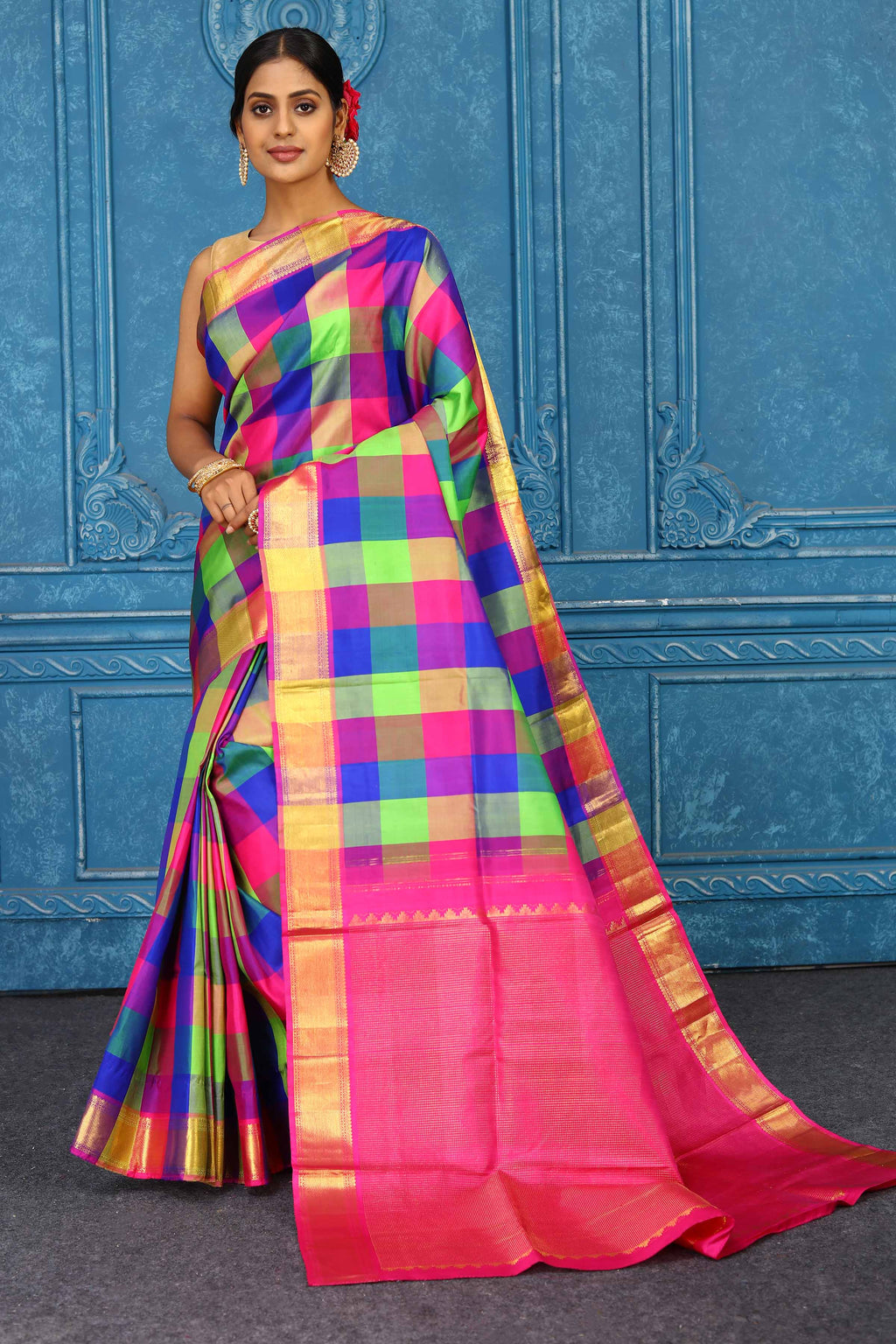 Shop beautiful multicolor check Kanjivaram silk saree online in USA with zari pallu. Level up your ethnic style in latest designer saris, pure silk saris, Kanchipuram silk saris, handwoven sarees, tussar silk sarees, embroidered saris from Pure Elegance Indian clothing store in USA.-full view