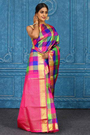 Shop beautiful multicolor check Kanjivaram silk saree online in USA with zari pallu. Level up your ethnic style in latest designer saris, pure silk saris, Kanchipuram silk saris, handwoven sarees, tussar silk sarees, embroidered saris from Pure Elegance Indian clothing store in USA.-side