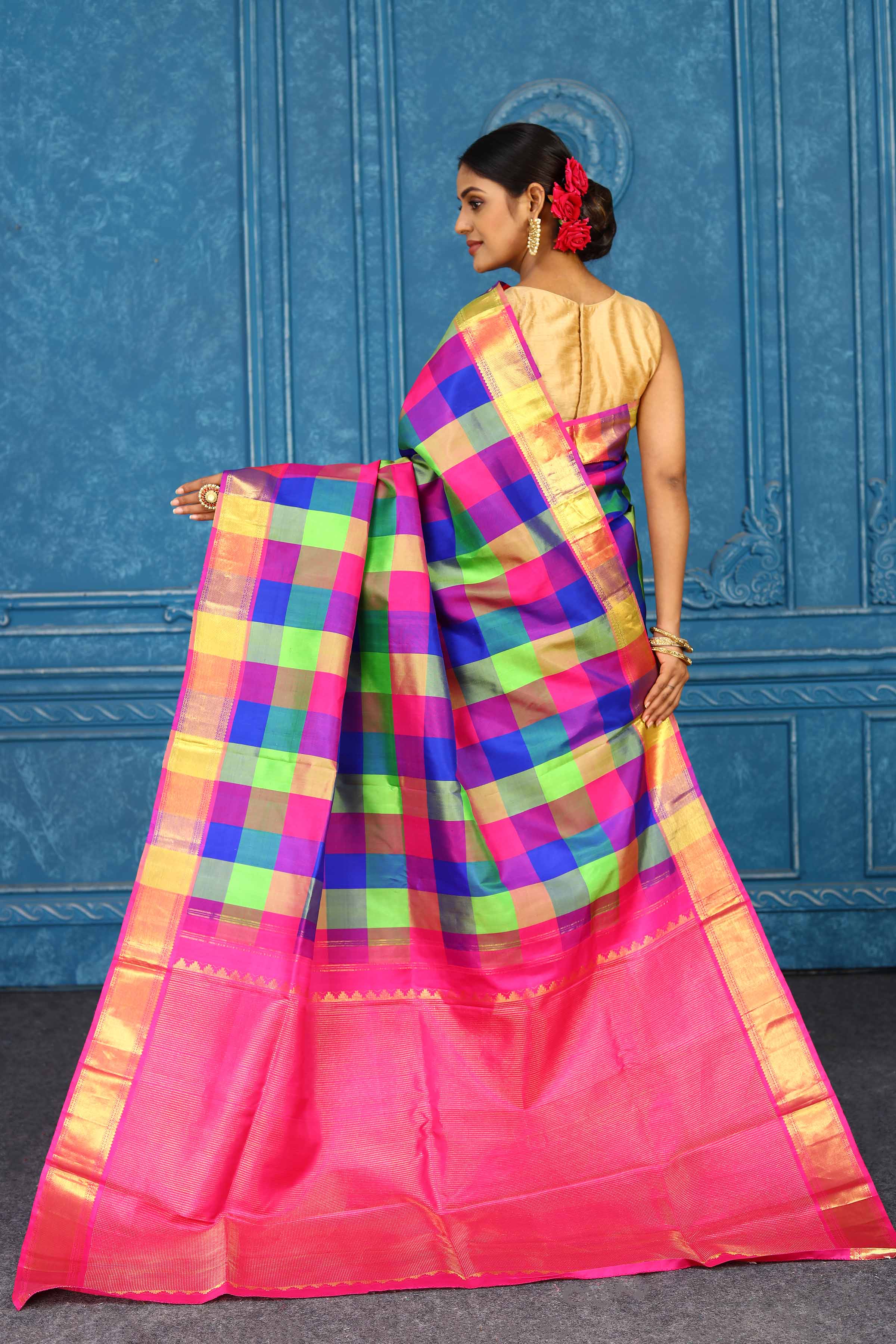 Shop beautiful multicolor check Kanjivaram silk saree online in USA with zari pallu. Level up your ethnic style in latest designer saris, pure silk saris, Kanchipuram silk saris, handwoven sarees, tussar silk sarees, embroidered saris from Pure Elegance Indian clothing store in USA.-back