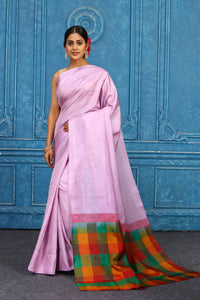 Buy beautiful lilac Kanjivaram saree online in USA with multicolor check pallu. Level up your ethnic style in latest designer saris, pure silk saris, Kanchipuram silk saris, handwoven sarees, tussar silk sarees, embroidered saris from Pure Elegance Indian clothing store in USA.-full view