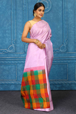 Buy beautiful lilac Kanjivaram saree online in USA with multicolor check pallu. Level up your ethnic style in latest designer saris, pure silk saris, Kanchipuram silk saris, handwoven sarees, tussar silk sarees, embroidered saris from Pure Elegance Indian clothing store in USA.-side