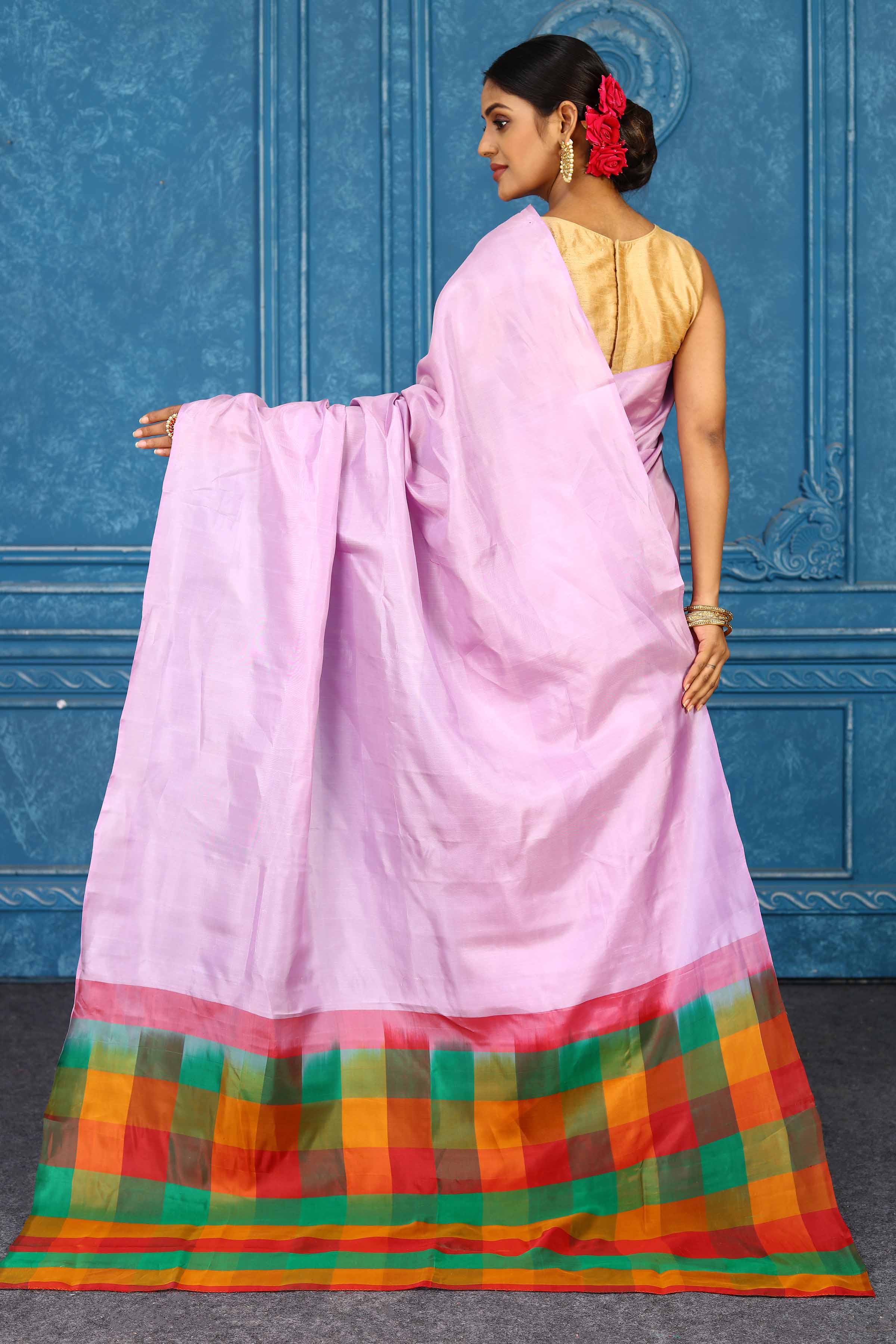Buy beautiful lilac Kanjivaram saree online in USA with multicolor check pallu. Level up your ethnic style in latest designer saris, pure silk saris, Kanchipuram silk saris, handwoven sarees, tussar silk sarees, embroidered saris from Pure Elegance Indian clothing store in USA.-back