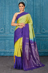 Shop beautiful pista green Kanchipuram silk sari online in USA with blue border. Radiate glam at parties in dazzling designer sarees, party sarees, embroidered sarees, sequin work sarees, Bollywood sarees, handloom sarees from Pure Elegance Indian saree store in USA.-full view