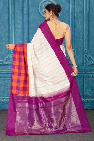 Buy beautiful white Gadhwal silk saree online in USA with orange purple check border. Radiate glam at parties in dazzling designer sarees, party sarees, embroidered sarees, sequin work sarees, Bollywood sarees, handloom sarees from Pure Elegance Indian saree store in USA.-back