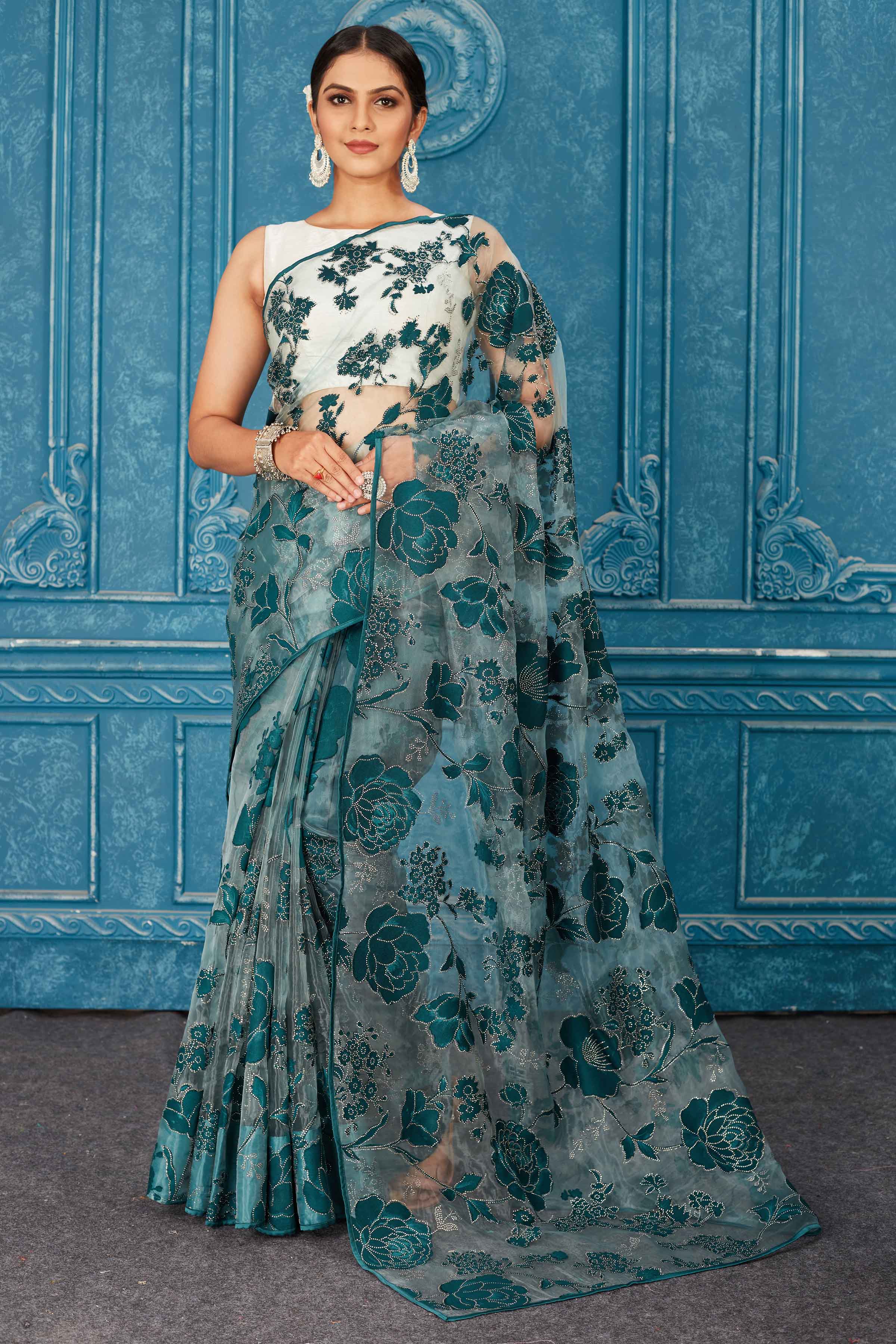 Buy beautiful sea green tissue silk saree online in USA with embrose and stone work. Radiate glam at parties in dazzling designer sarees, party sarees, embroidered sarees, sequin work sarees, Bollywood sarees, handloom sarees from Pure Elegance Indian saree store in USA.-full view