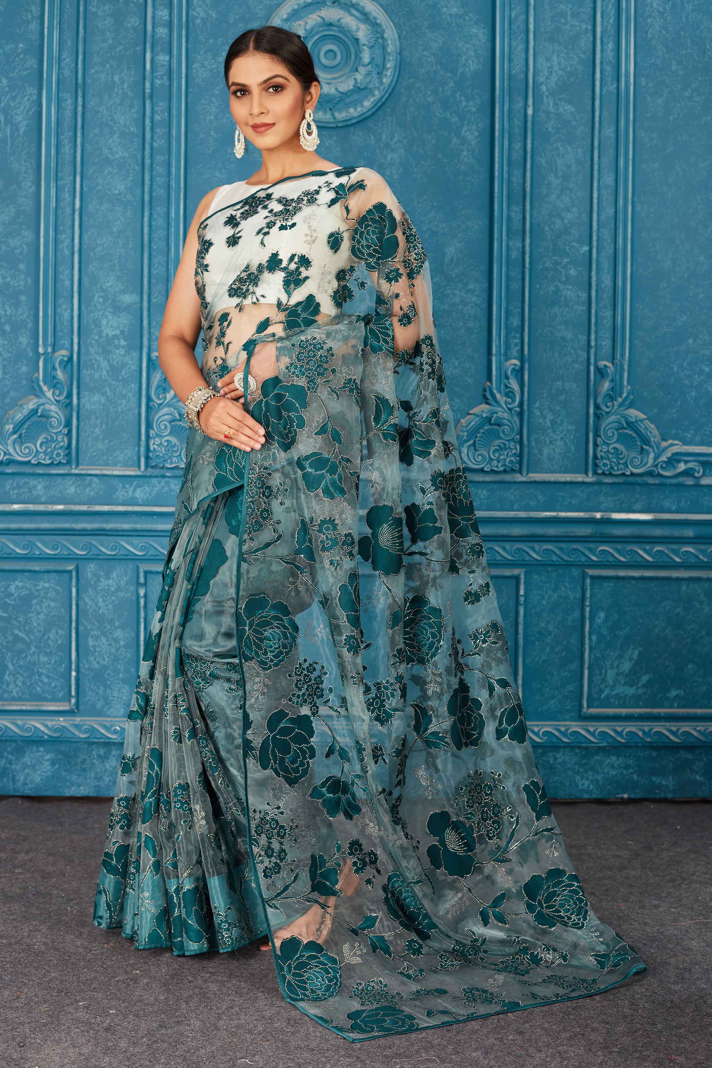 Buy beautiful sea green tissue silk saree online in USA with embrose and stone work. Radiate glam at parties in dazzling designer sarees, party sarees, embroidered sarees, sequin work sarees, Bollywood sarees, handloom sarees from Pure Elegance Indian saree store in USA.-saree