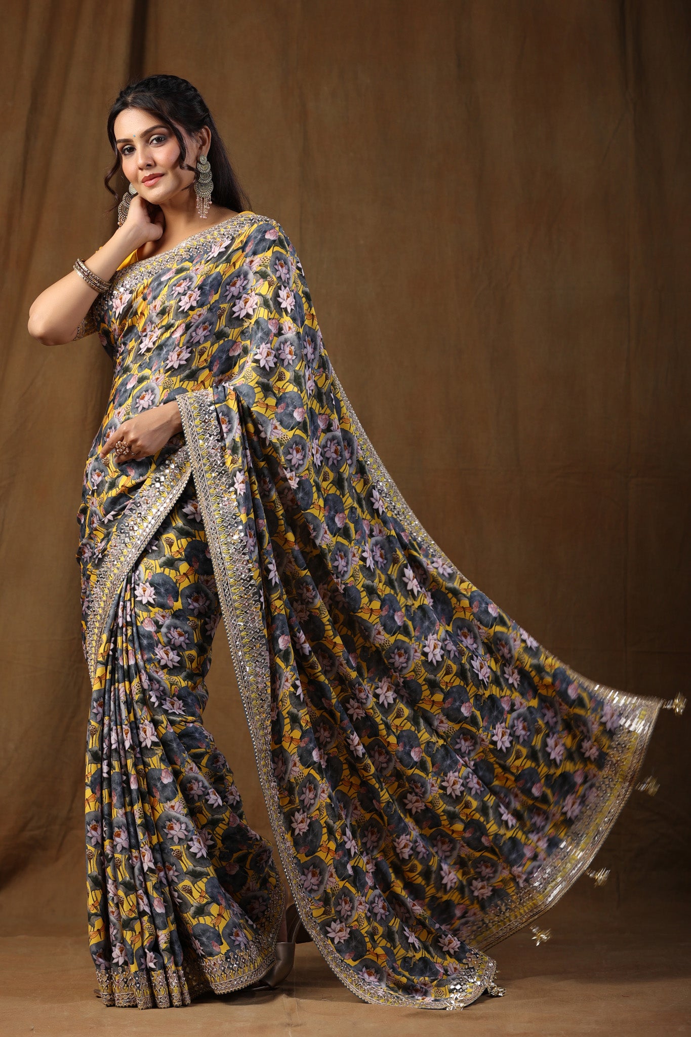 Buy yellow and grey floral print crepe sari online in USA with embroidered border. Make a fashion statement on festive occasions and weddings with designer suits, Indian dresses, Anarkali suits, palazzo suits, designer sarees, sharara suits, Bollywood saris from Pure Elegance Indian fashion store in USA.-full view