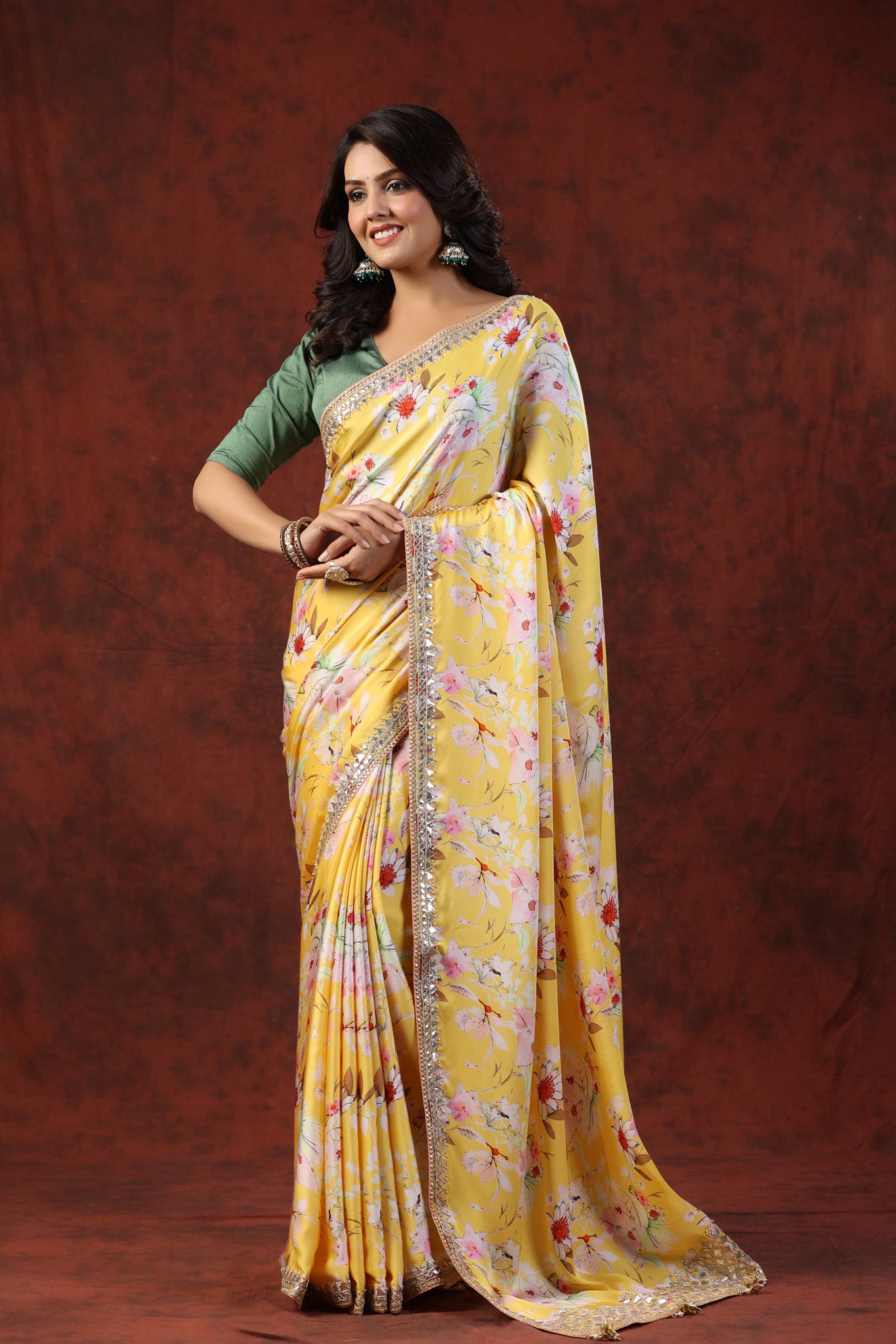 Shop yellow floral print crepe sari online in USA with embroidered border. Make a fashion statement on festive occasions and weddings with designer suits, Indian dresses, Anarkali suits, palazzo suits, designer sarees, sharara suits, Bollywood saris from Pure Elegance Indian fashion store in USA.-full view