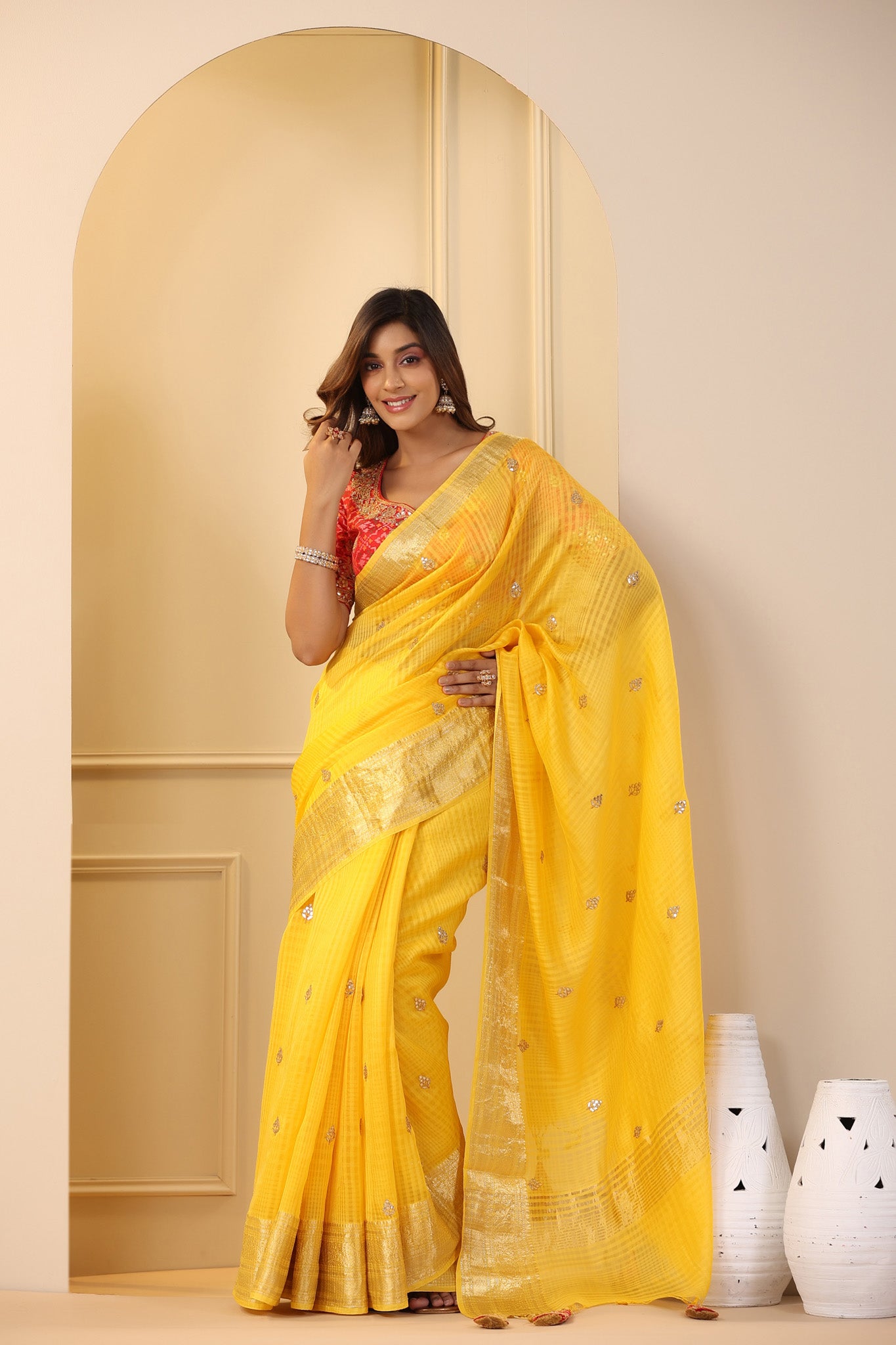 Shop yellow silk organza sari online in USA with red embroidered blouse. Make a fashion statement on festive occasions and weddings with designer suits, Indian dresses, Anarkali suits, palazzo suits, designer sarees, sharara suits, Bollywood saris from Pure Elegance Indian fashion store in USA.-full view