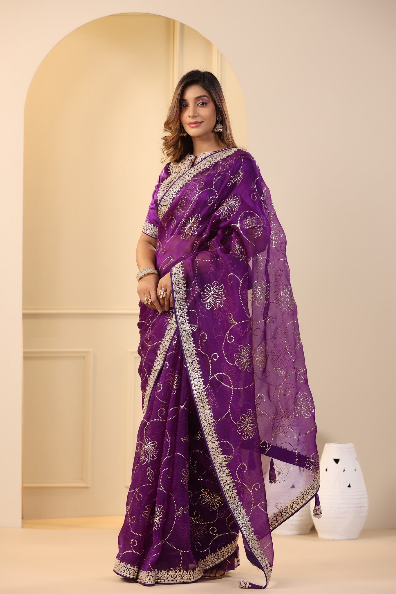 Buy beautiful purple embroidered organza sari online in USA with embroidered blouse. Make a fashion statement on festive occasions and weddings with designer suits, Indian dresses, Anarkali suits, palazzo suits, designer sarees, sharara suits, Bollywood saris from Pure Elegance Indian fashion store in USA.-side