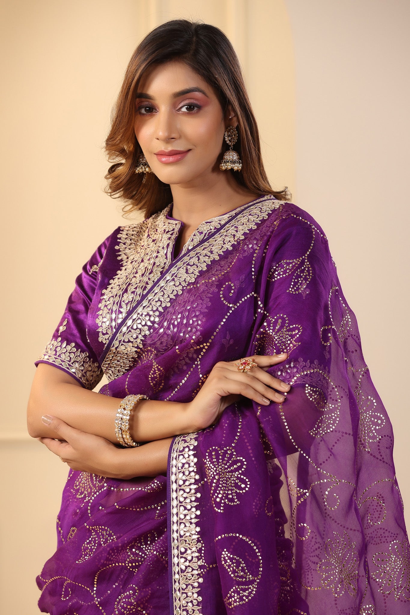 Buy beautiful purple embroidered organza sari online in USA with embroidered blouse. Make a fashion statement on festive occasions and weddings with designer suits, Indian dresses, Anarkali suits, palazzo suits, designer sarees, sharara suits, Bollywood saris from Pure Elegance Indian fashion store in USA.-closeup