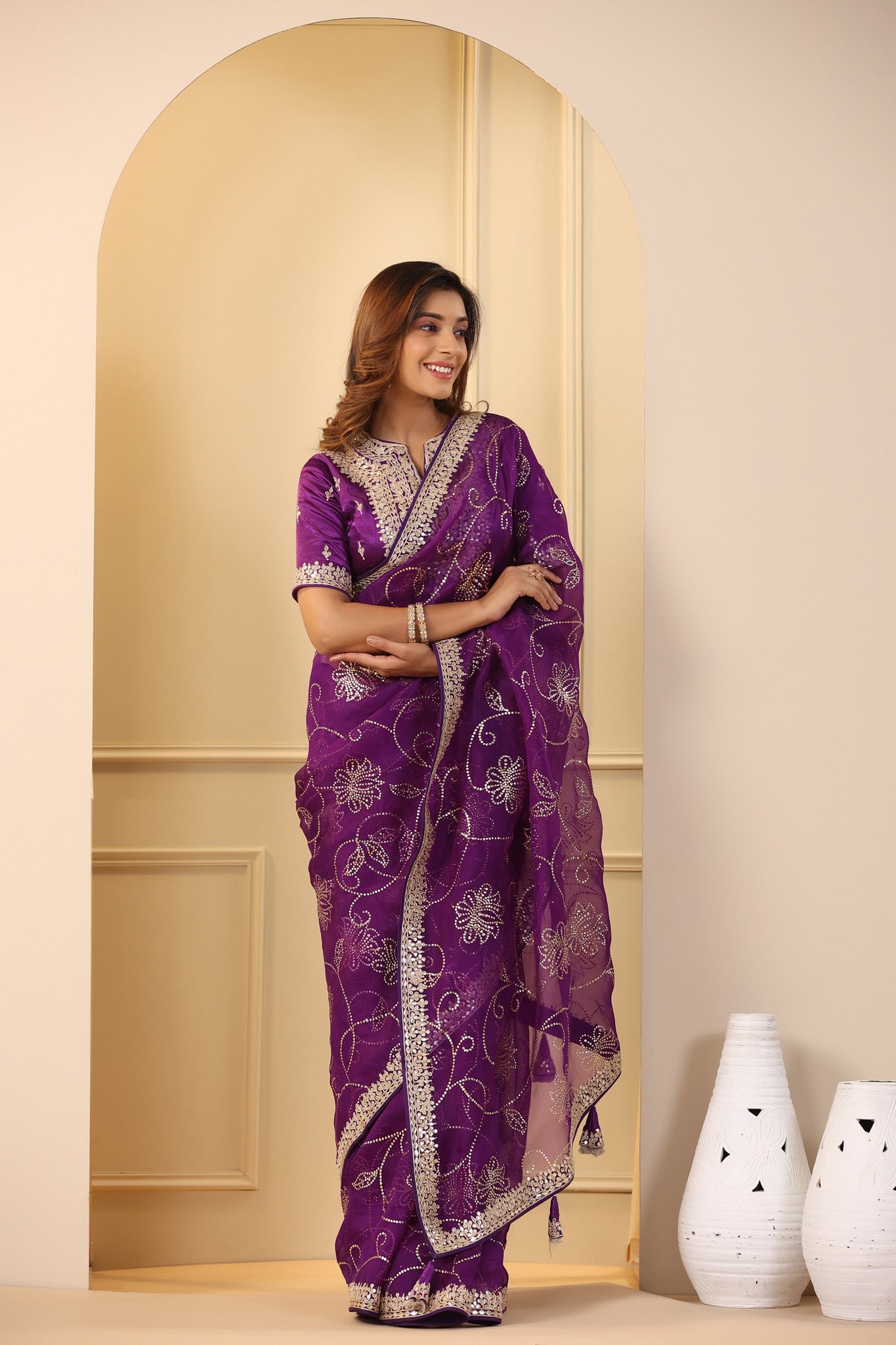 Buy beautiful purple embroidered organza sari online in USA with embroidered blouse. Make a fashion statement on festive occasions and weddings with designer suits, Indian dresses, Anarkali suits, palazzo suits, designer sarees, sharara suits, Bollywood saris from Pure Elegance Indian fashion store in USA.-full view