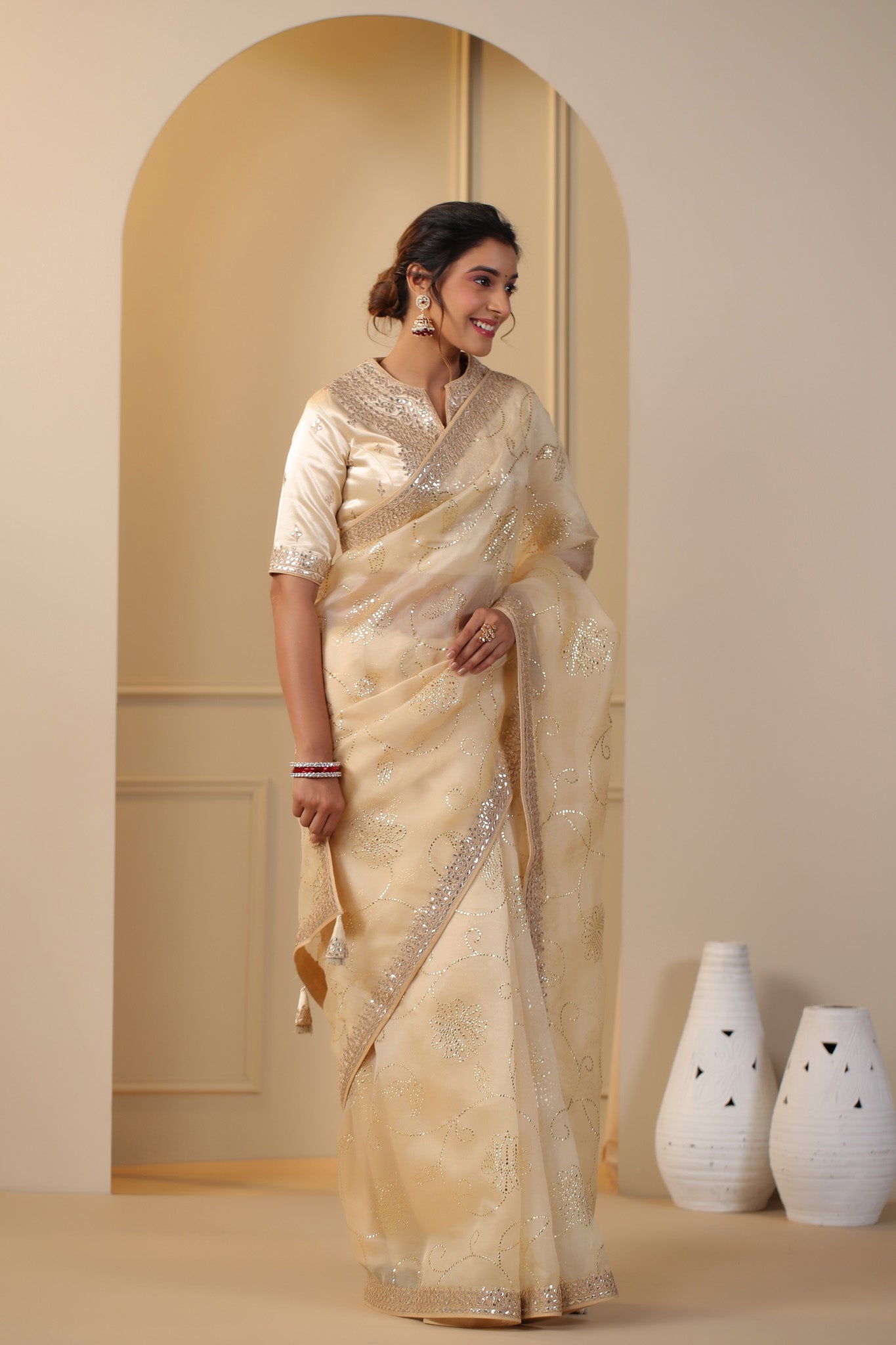 Shop beautiful cream embroidered organza sari online in USA with embroidered blouse. Make a fashion statement on festive occasions and weddings with designer suits, Indian dresses, Anarkali suits, palazzo suits, designer sarees, sharara suits, Bollywood saris from Pure Elegance Indian fashion store in USA.-saree