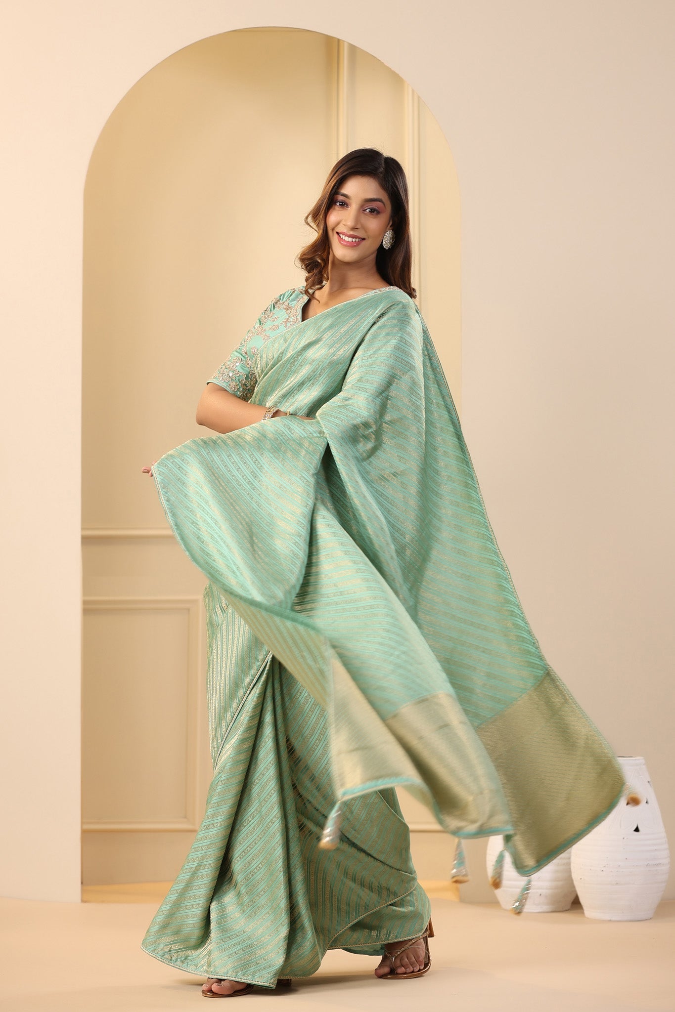 Shop stunning pastel green silk sari online in USA with embroidered sari blouse. Make a fashion statement on festive occasions and weddings with designer suits, Indian dresses, Anarkali suits, palazzo suits, designer sarees, sharara suits, Bollywood saris from Pure Elegance Indian fashion store in USA.-saree