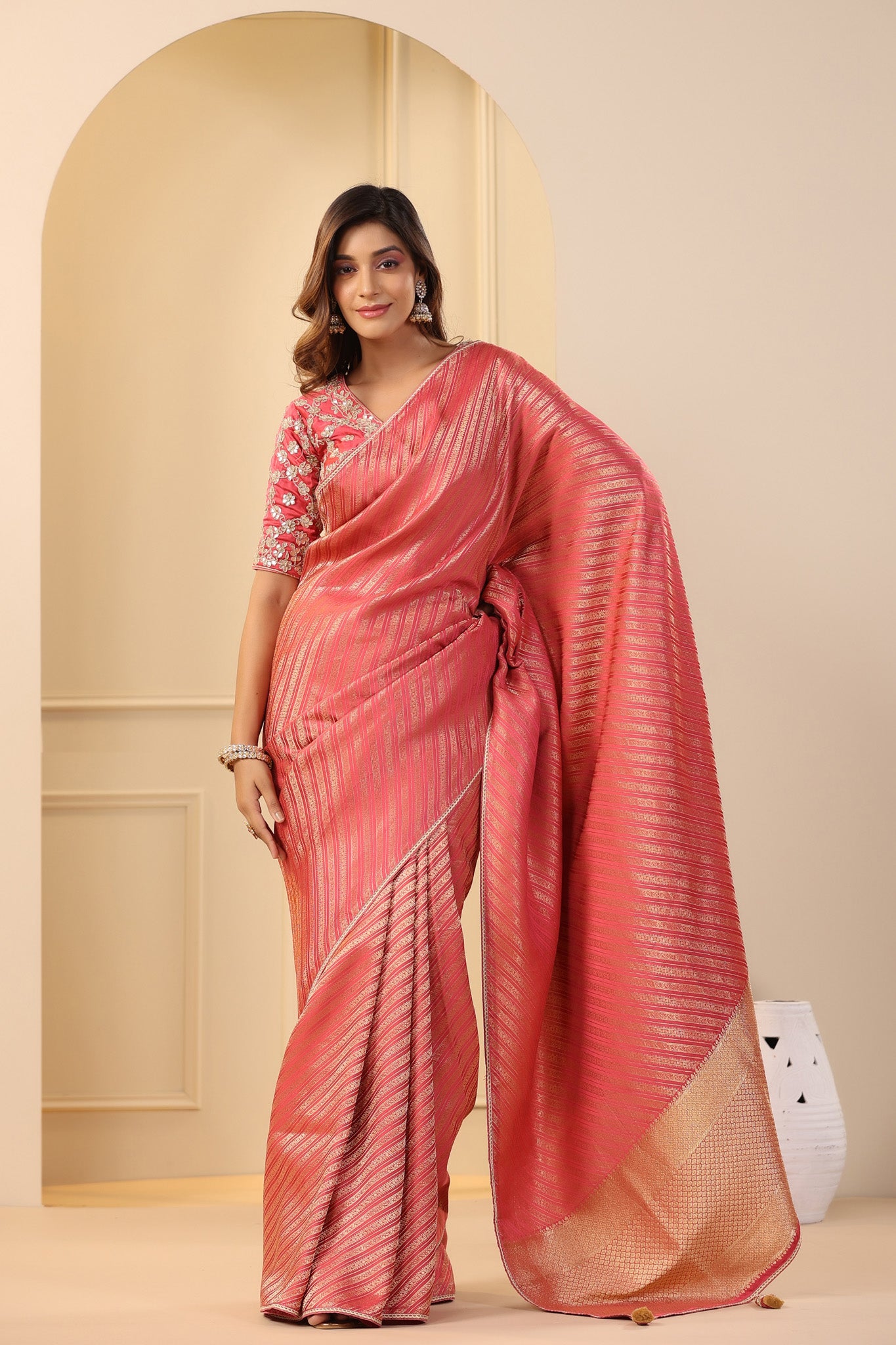 Buy beautiful pink silk sari online in USA with embroidered sari blouse. Make a fashion statement on festive occasions and weddings with designer suits, Indian dresses, Anarkali suits, palazzo suits, designer sarees, sharara suits, Bollywood saris from Pure Elegance Indian fashion store in USA.-front